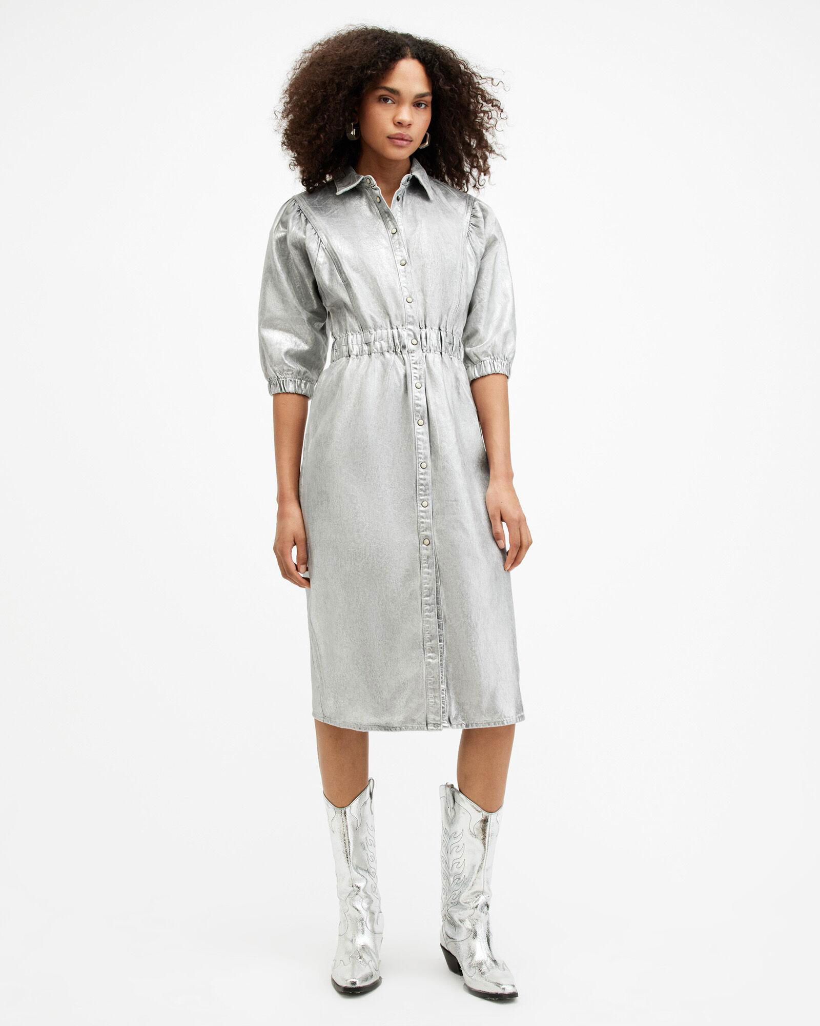70% off ALLSAINTS Osa Metallic Coated Denim Midi Dress