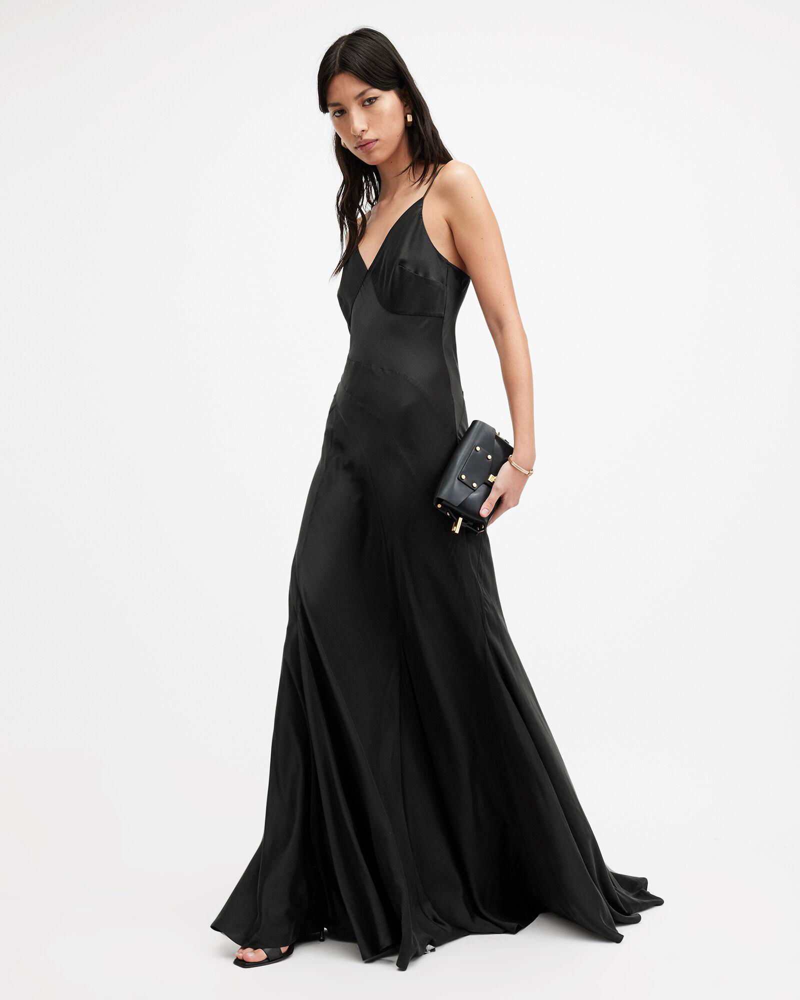 all saints black satin dress ALLSAINTS Lili Panelled Maxi Dress