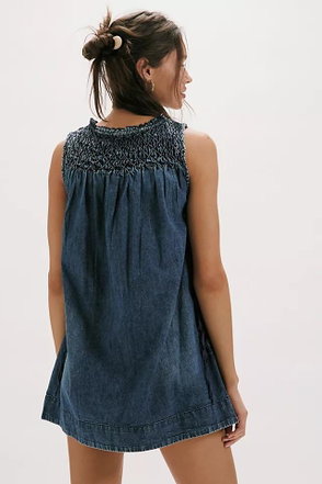 denim embroidered mini dress Bloom Contour Embroidered Denim Mini Dress M / Denim light wash