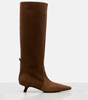 Brown suede knee-high boot with a small heel.