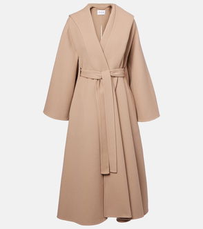 Taupe wool wrap coat with belt and hood