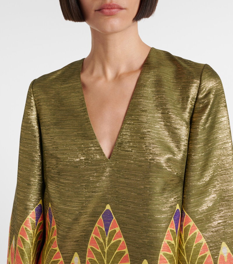 Valentino olive green velvet dress with gold shimmer and floral embroidery