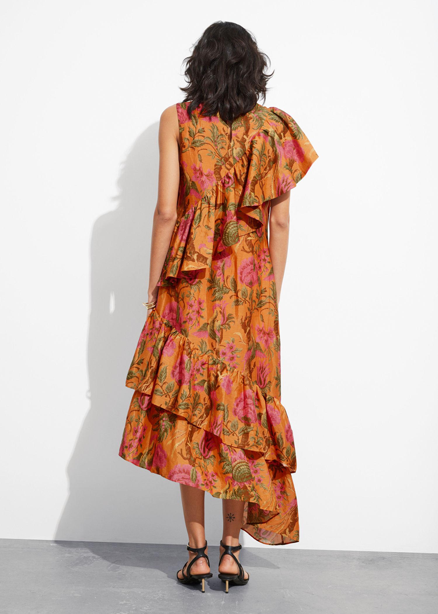 open lace back dress Karani Starburst Tiarna Ruffle Midi Dress ORG-FUCHSIA / Xs by Sugarlips