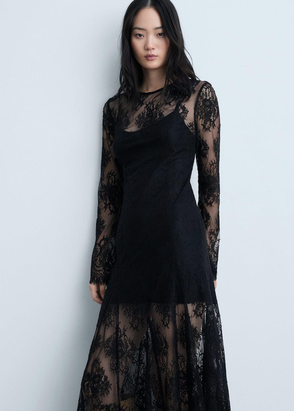 knee length dresses for ladies Mango Lace Cut-out Long Silk Slip Dress