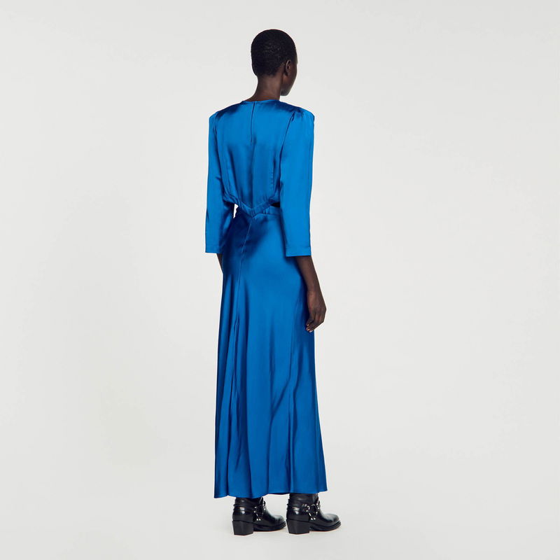 Satin blue maxi dress with belted waist.