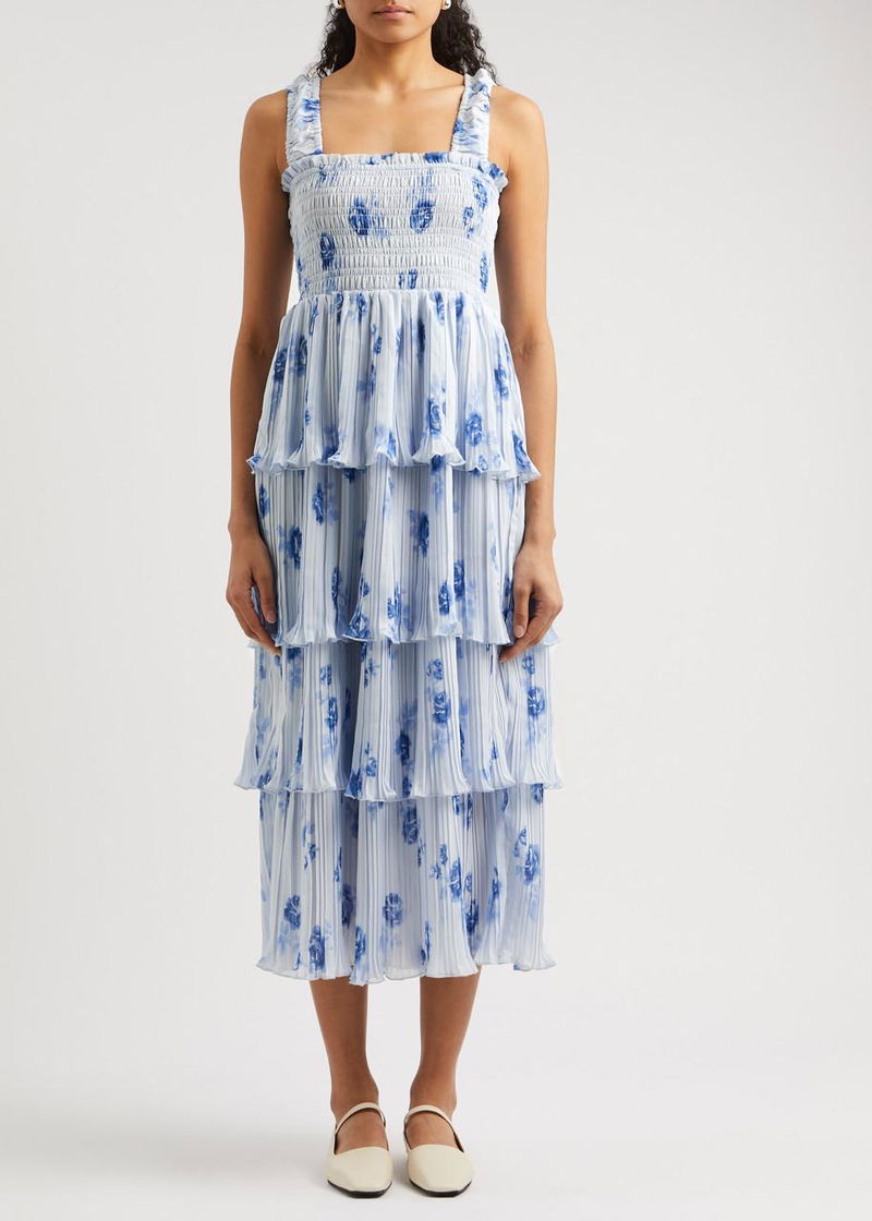 knee length dresses for ladies GANNI floral print smocked plisse georgette mini dress size 4