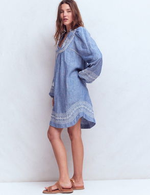 chinese dress ladies Ruby Linen Blend Shirt Dress-White Embroidery