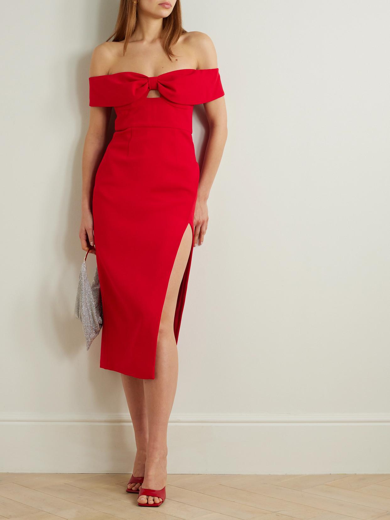 SELF-PORTRAIT Off-The-Shoulder Bow-Embellished Crepe Midi Dress | endource