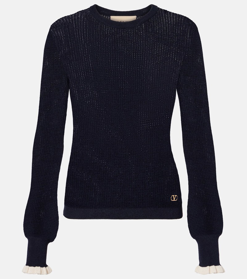Navy, beaded-knit sweater with flared cuffs