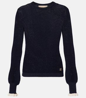 Navy, beaded-knit sweater with flared cuffs
