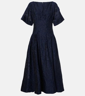 Dark blue jacquard dress with puffed sleeves