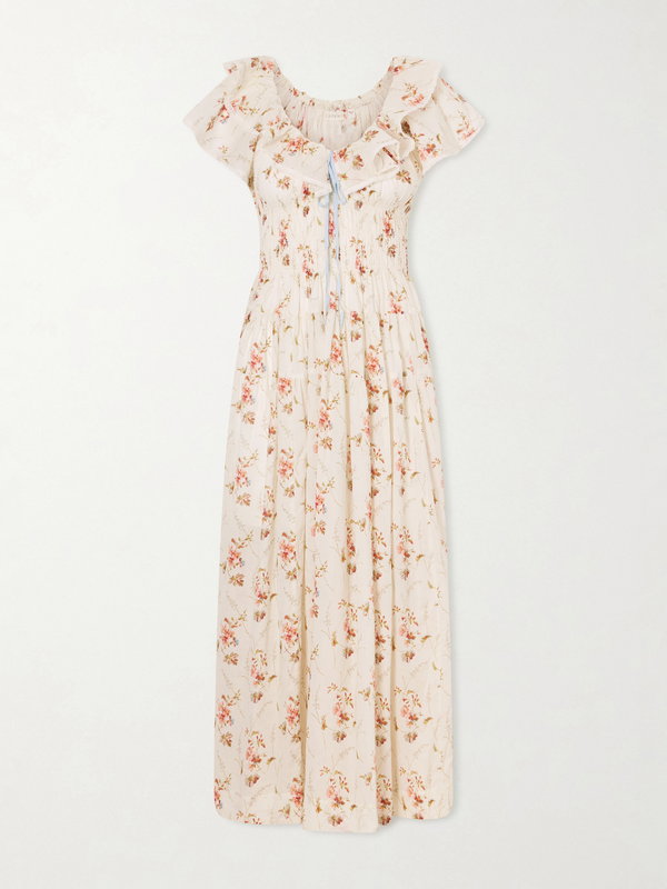 DÔEN Illiana Lace-Trimmed Shirred Floral-Print Organic Cotton Dress