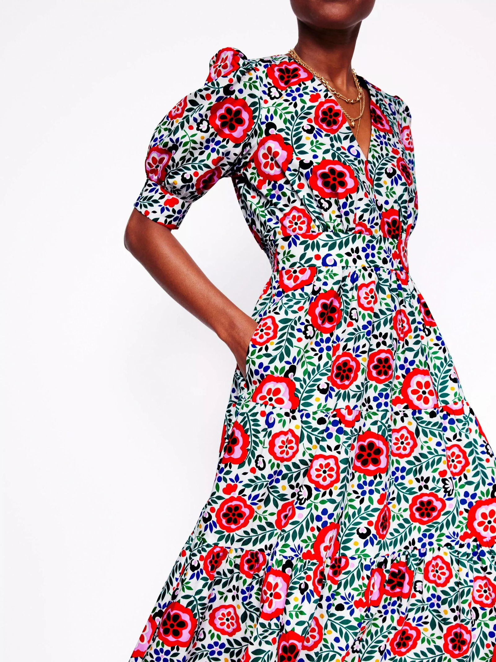 knee length dresses for ladies Bella Puff Sleeve Maxi Dress-Multi, Foliage Scatter