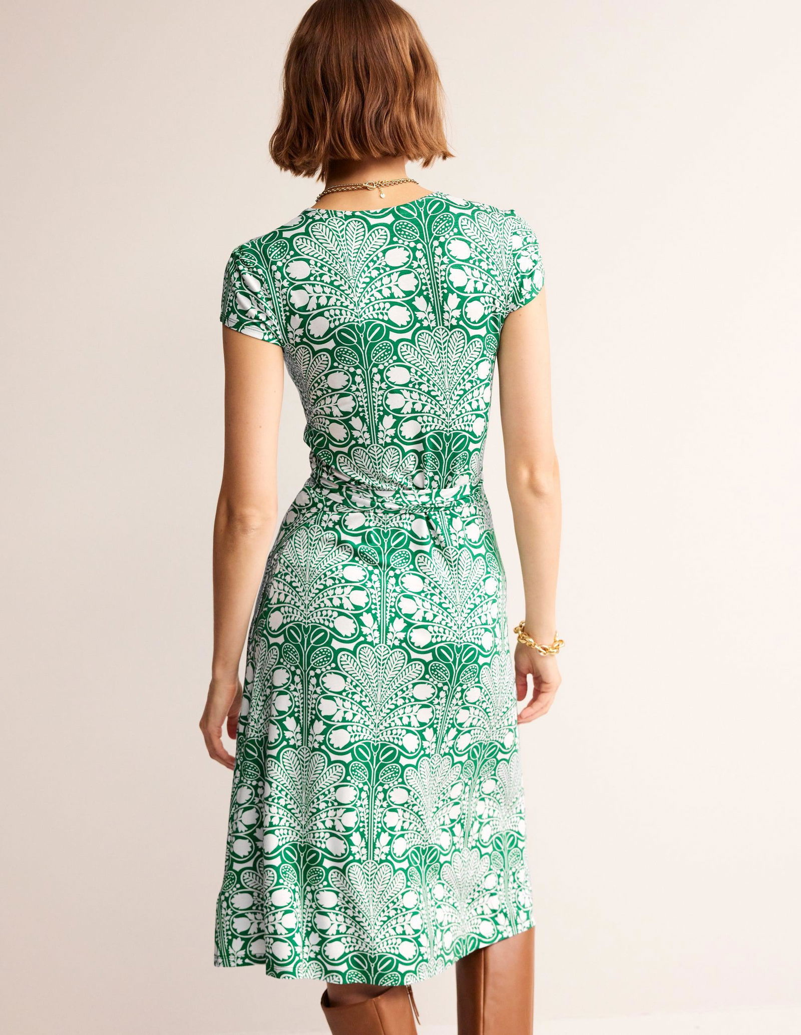 BODEN Joanna Cap Sleeve Wrap Dress-Green, Gardenia Swirl | endource