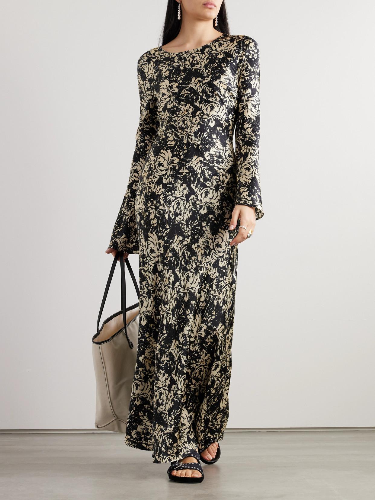 ganni floral satin maxi dress Ganni BLUE FLORAL CRINKLED SATIN LONG DRESS
