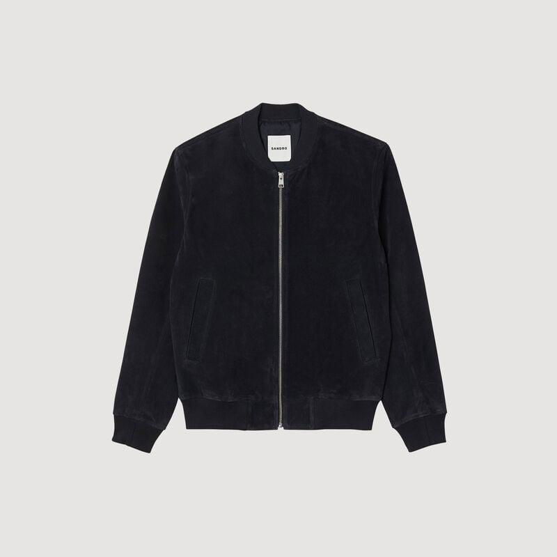 Dark blue suede bomber jacket with silver zipper and pockets.