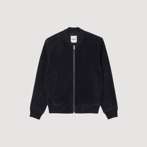 Dark blue suede bomber jacket with silver zipper and pockets.