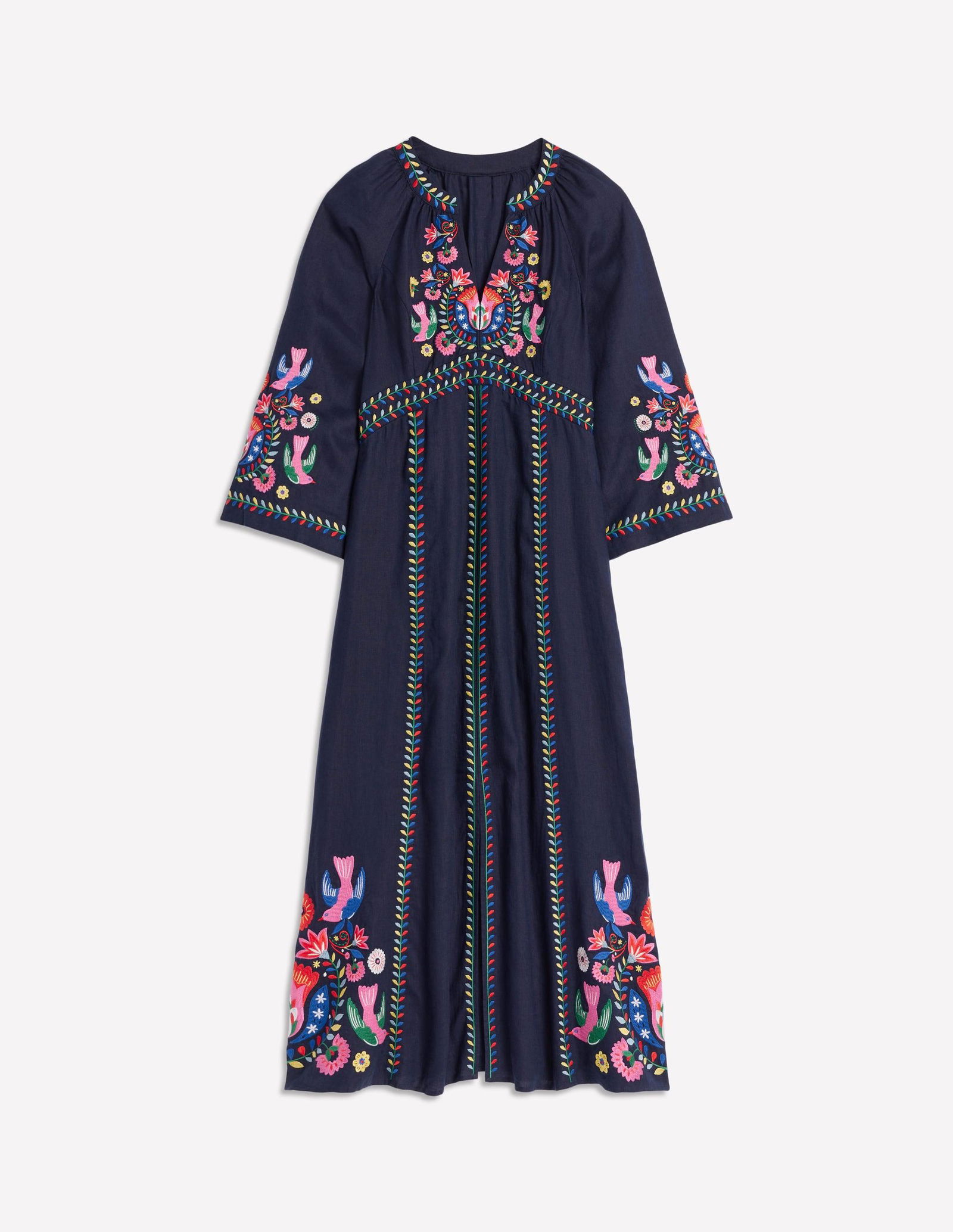 green emerald velvet dress Ava Linen Blend Midi Dress-Blue Embroidery