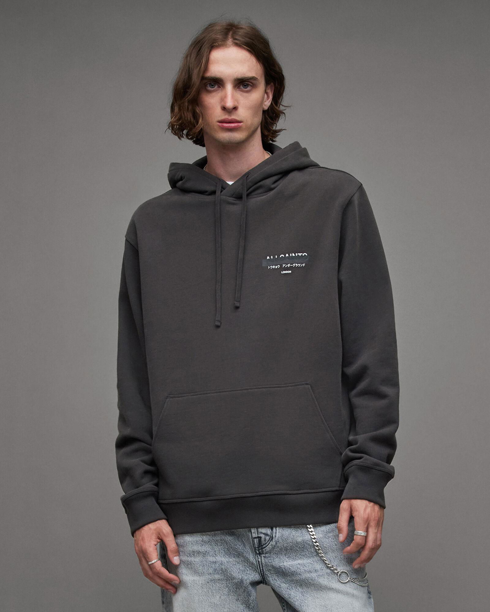 ALLSAINTS Redact Embroidered Logo Relaxed Hoodie in Washed Black | endource