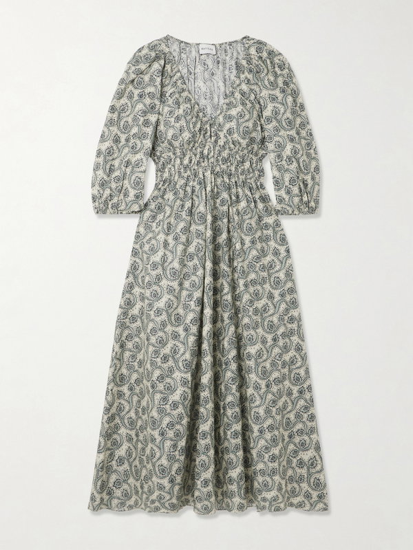 Matteau Shirred Paisley Organic Cotton Midi Dress