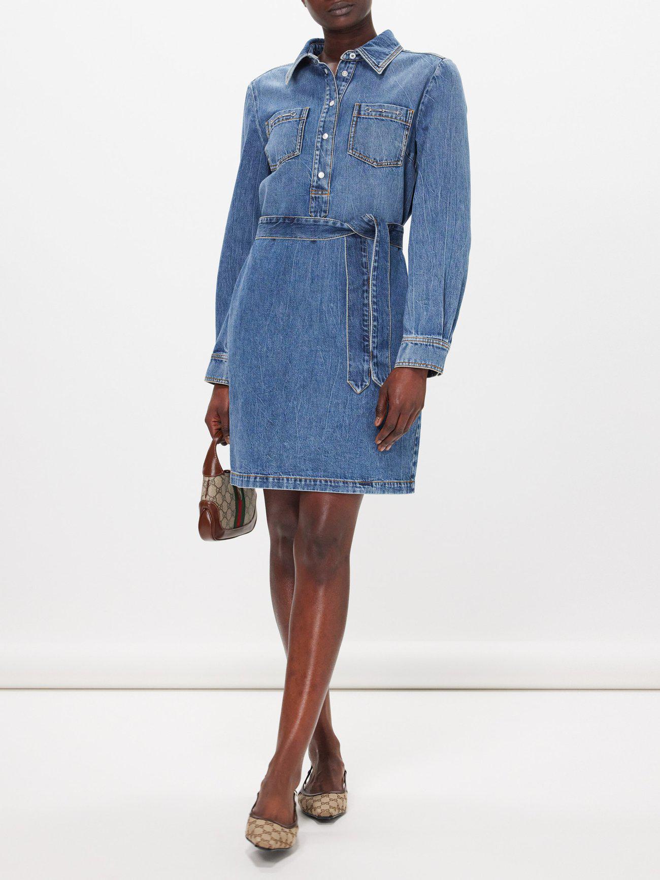 gucci denim mini dress GUCCI Horsebit-Embellished Denim Mini Dress
