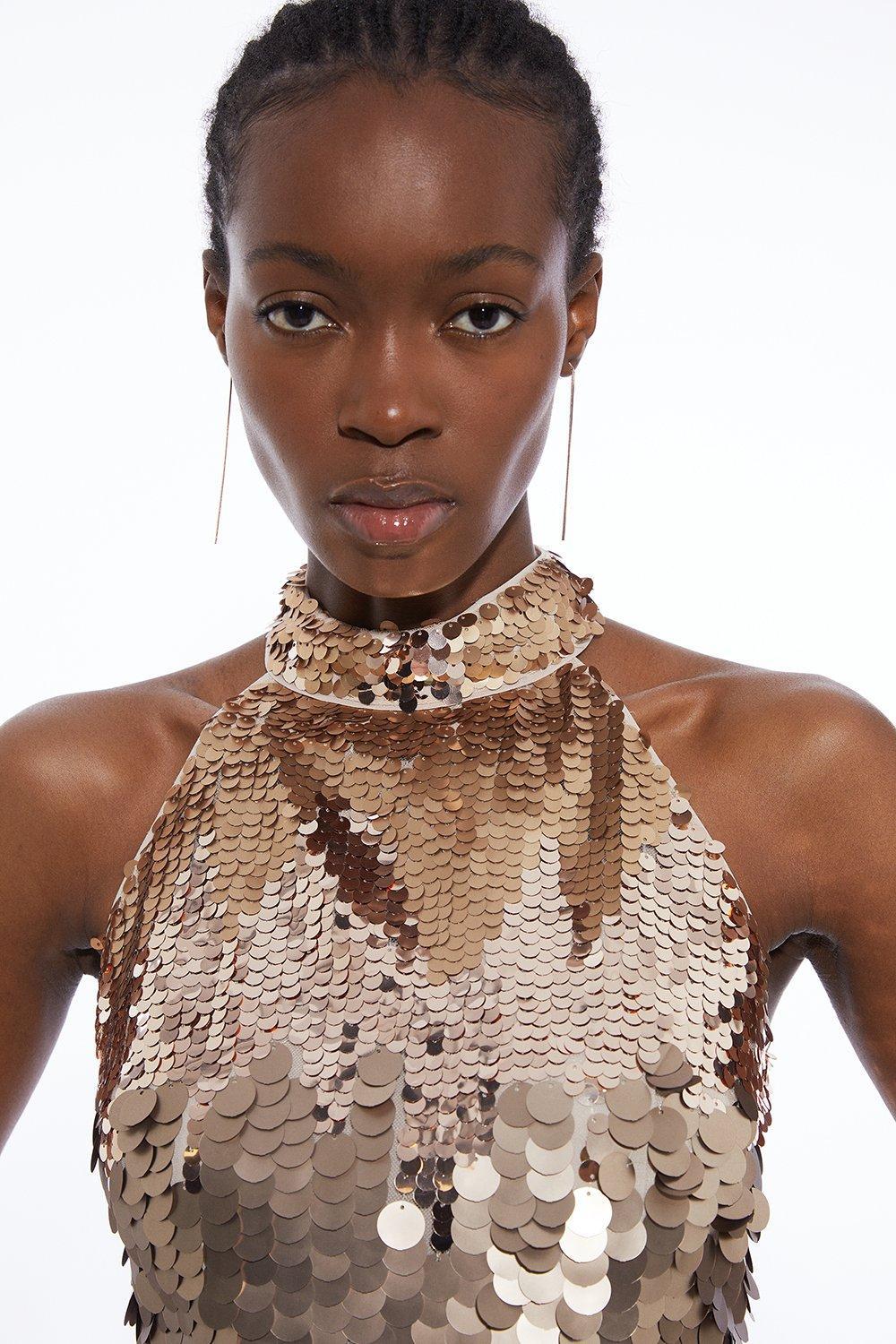 disc chainmail sequin halter mini dress KAREN MILLEN cream tulle mini dress