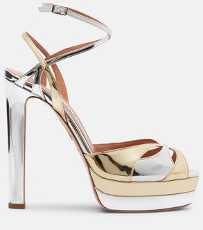 Metallic gold and silver platform sandals with a thin strap.