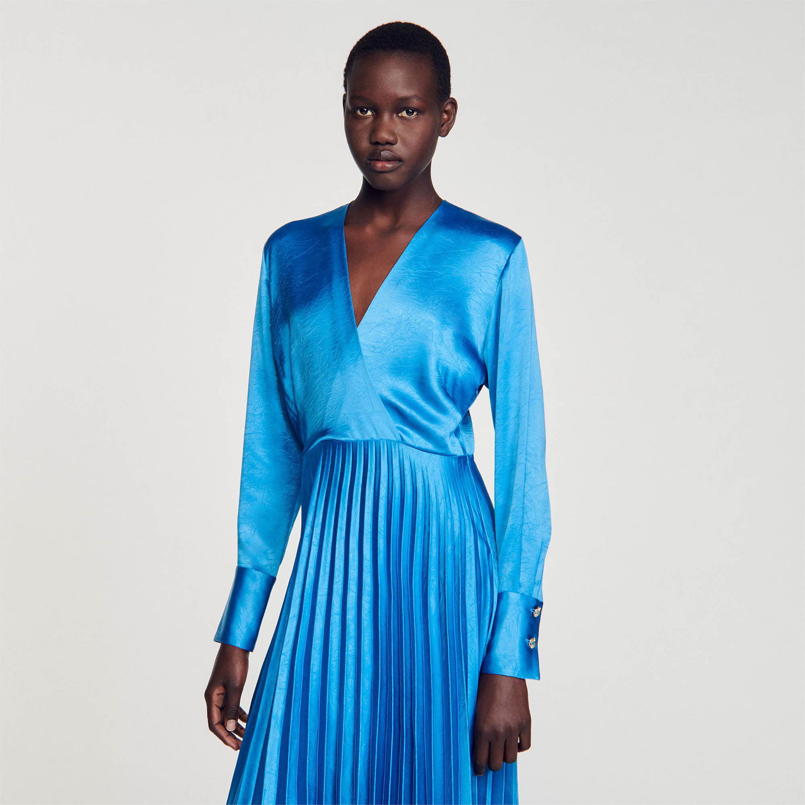 SANDRO Pleated Satin-Effect Midi Dress | endource