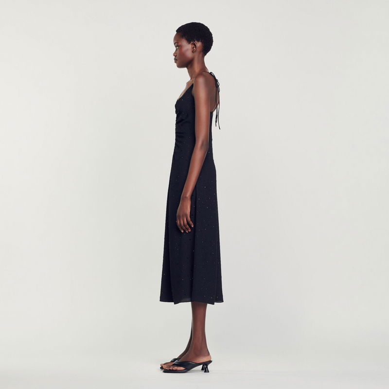 Black sequined midi dress with adjustable straps
