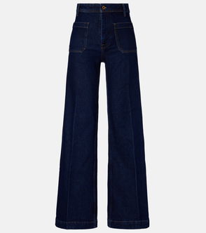 Dark wash, wide-leg denim jeans with button closures.