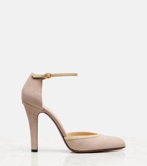 Suede heeled sandal in beige with gold buckle