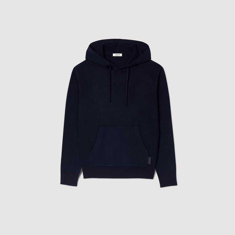 Dark navy hooded sweatshirt with drawstring and pocket.