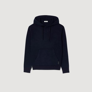 Dark navy hooded sweatshirt with drawstring and pocket.