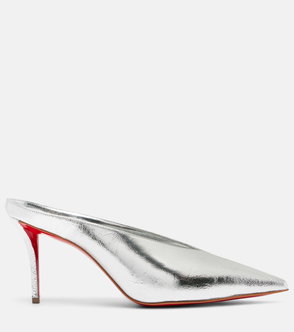 Silver metallic slip-on mule with a pointed toe and red sole.