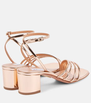 Metallic rose gold strappy heeled sandals