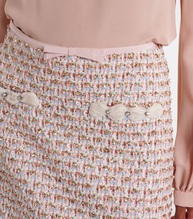 Valentino pink tweed skirt with embellished bow buttons