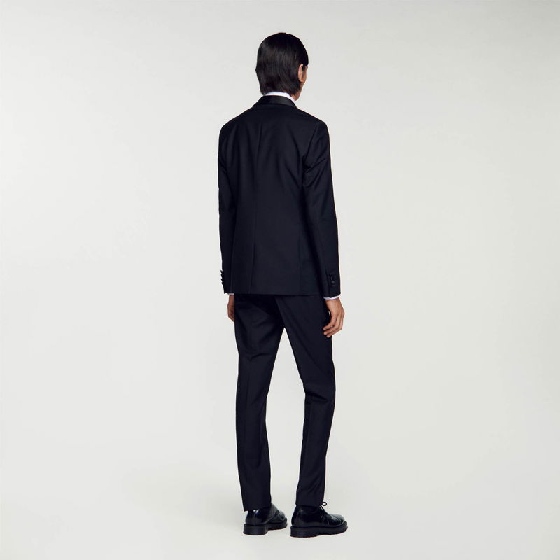 Black suit with satin lapels, back view