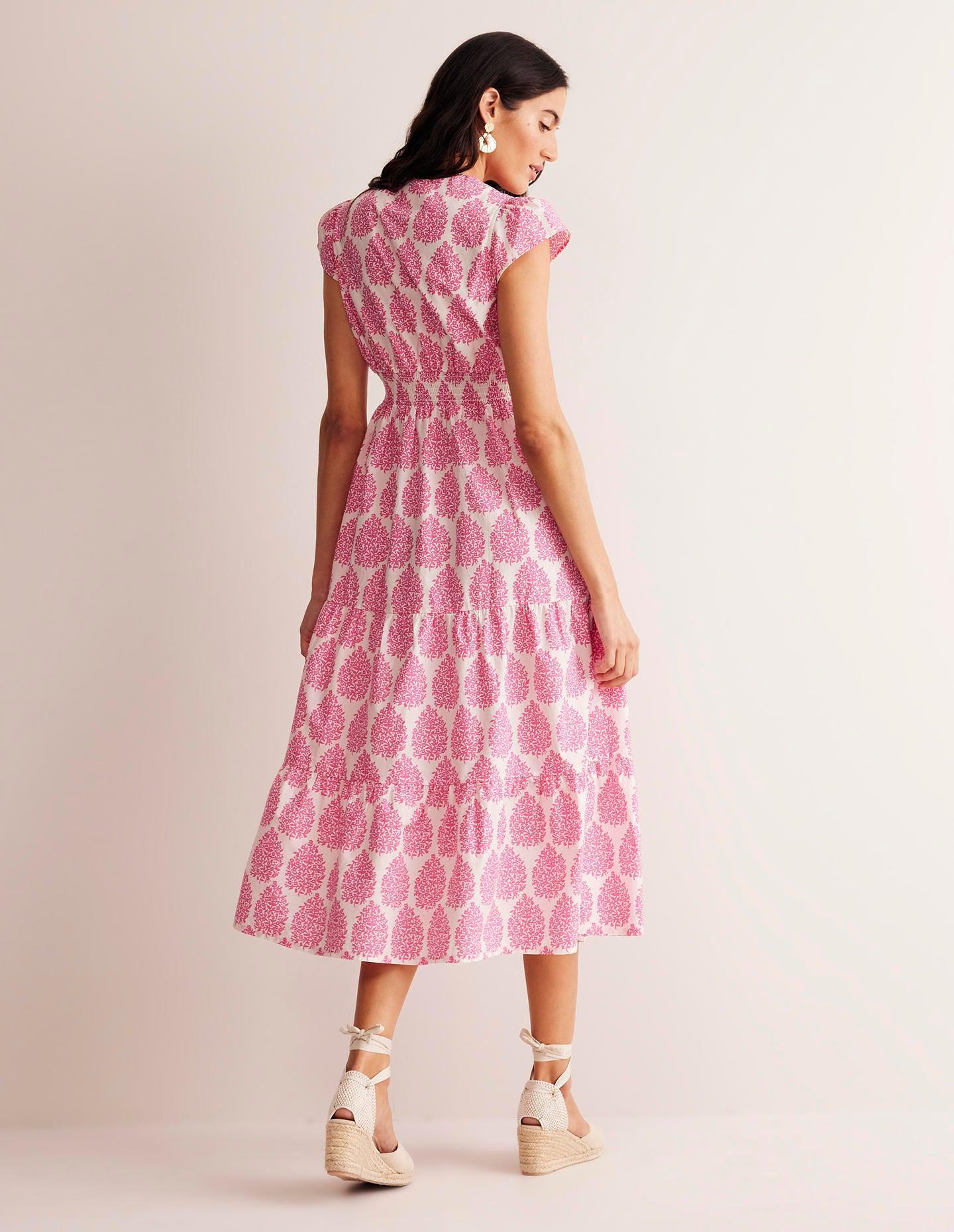 knee length dresses for ladies Powder Blue Floral Printed Cotton Midi Dress – Devrobes