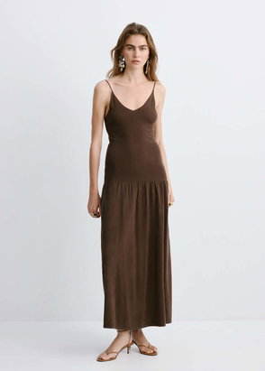 MANGO Scoop Neck Satin Dress With Fringed Hem In Brown | endource