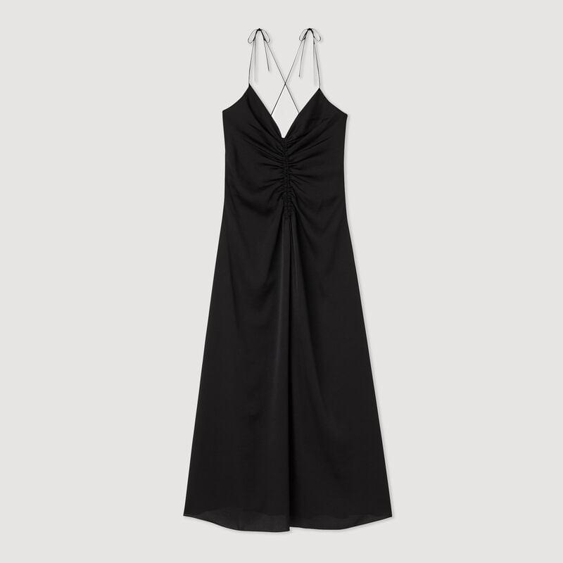 Black satin midi dress with tie straps