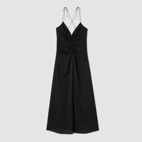 Black satin midi dress with tie straps