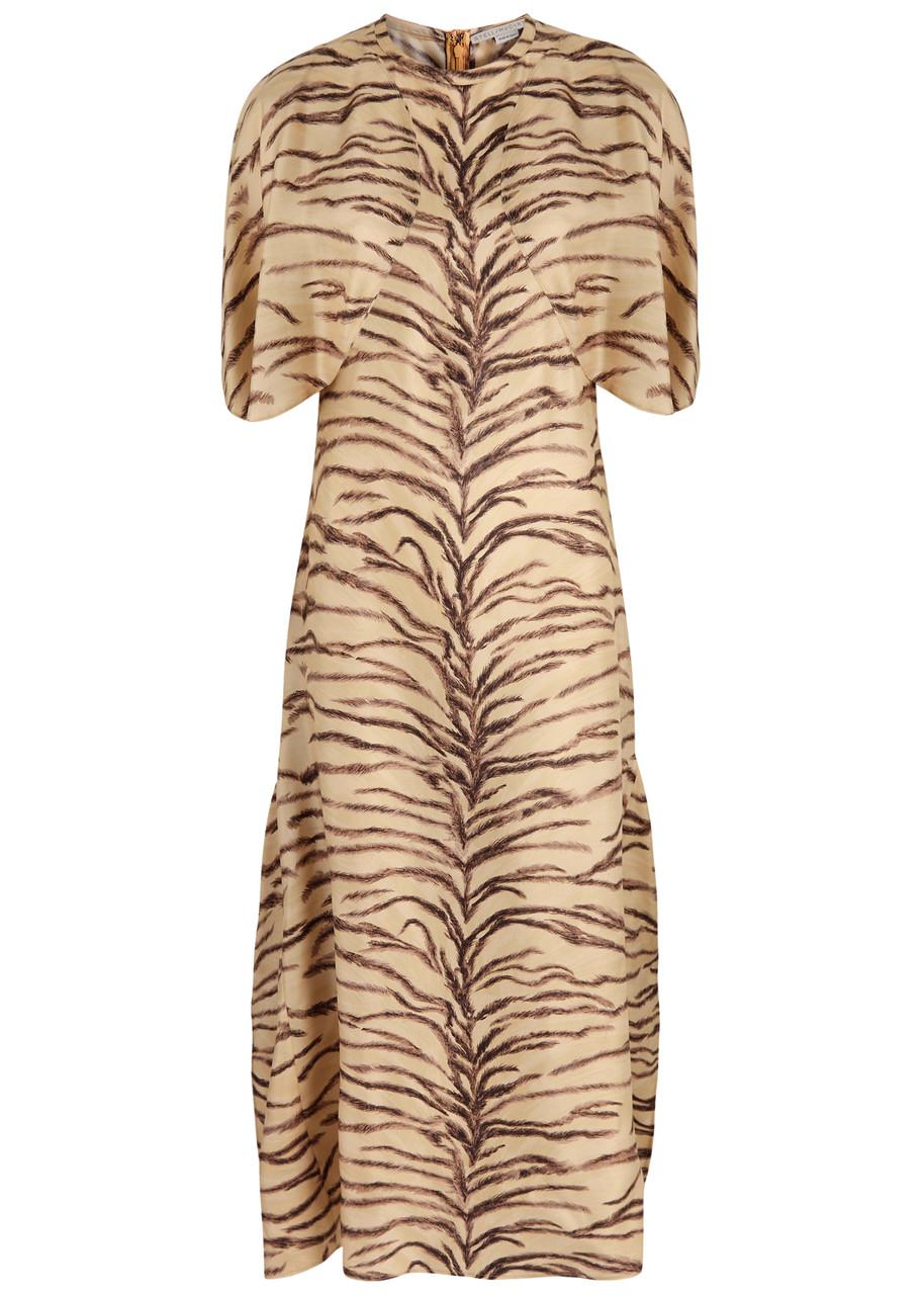 STELLA MCCARTNEY Tiger-Print Silk-Satin Midi Dress | Endource