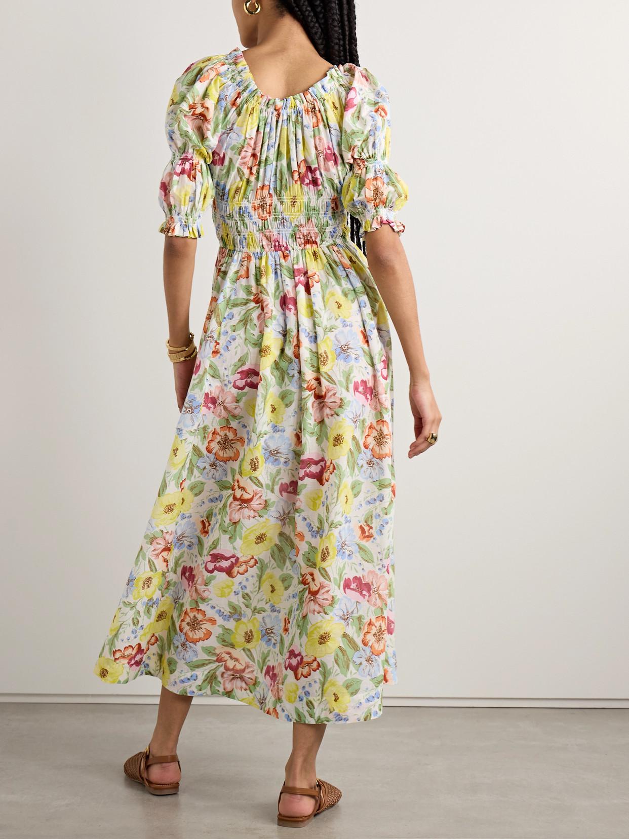 dôen ischia shirred cotton-blend voile midi dress DÔEN Ischia Shirred Floral-Print Cotton-Voile Midi Dress