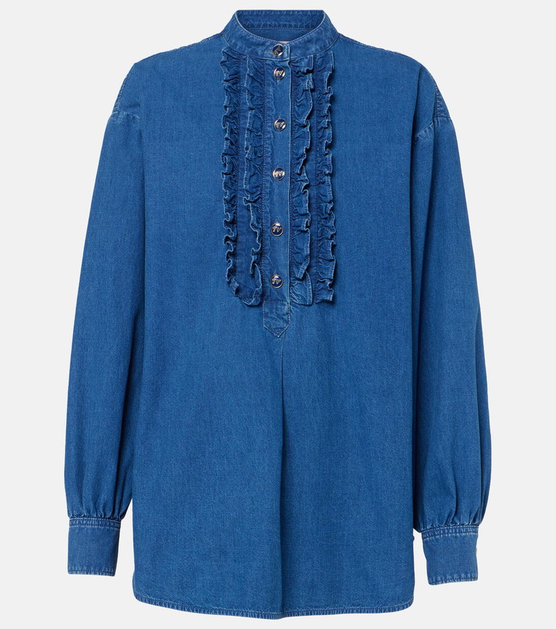Blue denim shirt with ruffles and button details