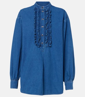 Blue denim shirt with ruffles and button details