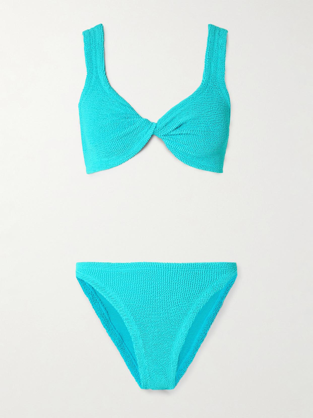 Hunza G Juno Twist Front Seersucker Bikini In Blue Endource