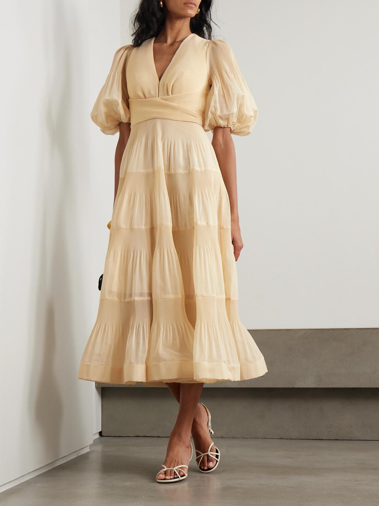 zimmermann tiered silk midi dress ZIMMERMANN Tiered Plissé-Taffeta Midi Dress