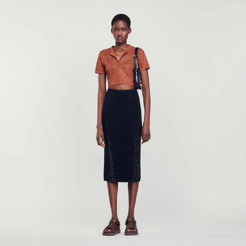 SANDRO Rhinestone-Embellished Midi Skirt endource