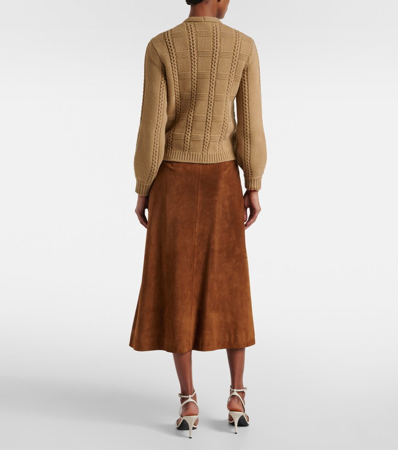Camel cable-knit sweater with suede skirt