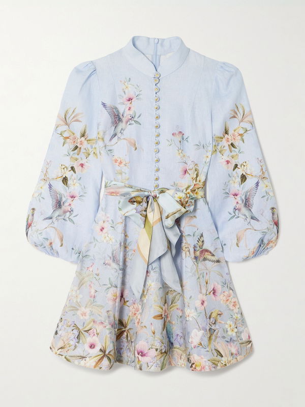 Zimmermann Rebellion Belted Printed Linen Mini Dress